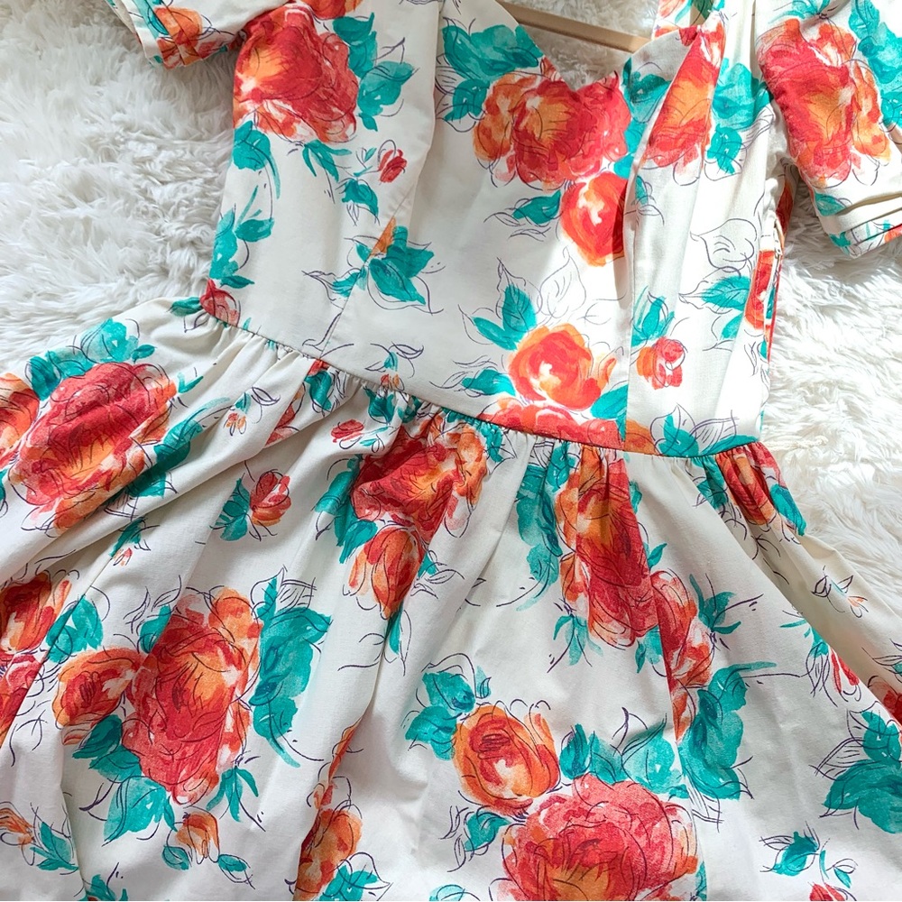 Laura Ashley Cream Floral Midi Dress with Red & Teal Flowers - Picture 2 of 15